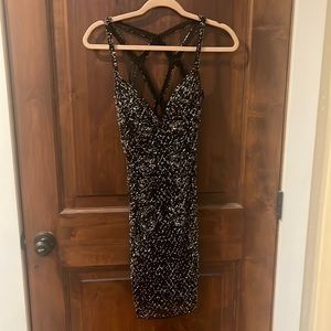 Custom made Primavera S-M beaded homecoming dress (black with red and silver)